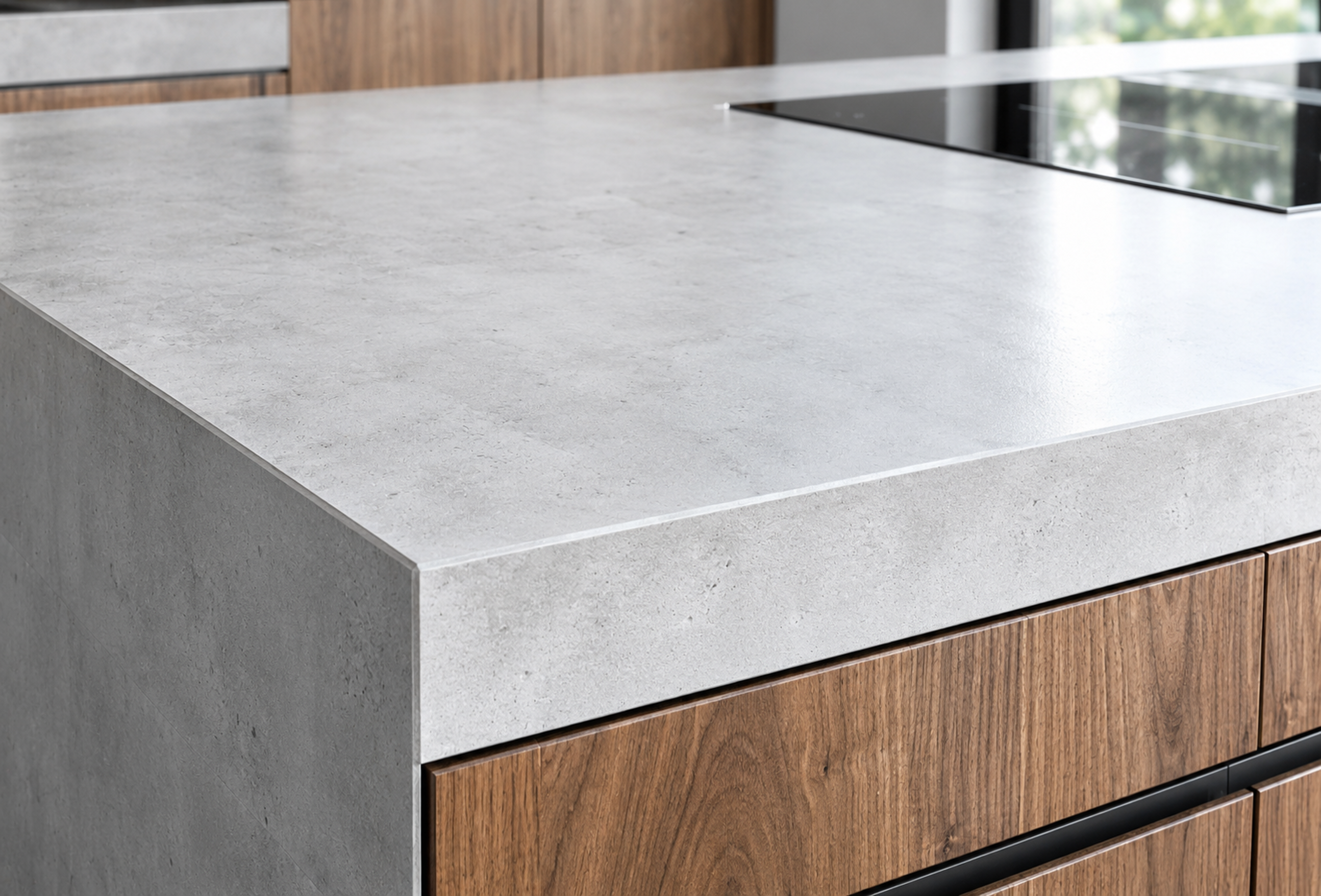 Detailaufnahme der fugenlos gearbeiteten Arbeitsplatte aus Mineralwerkstoff